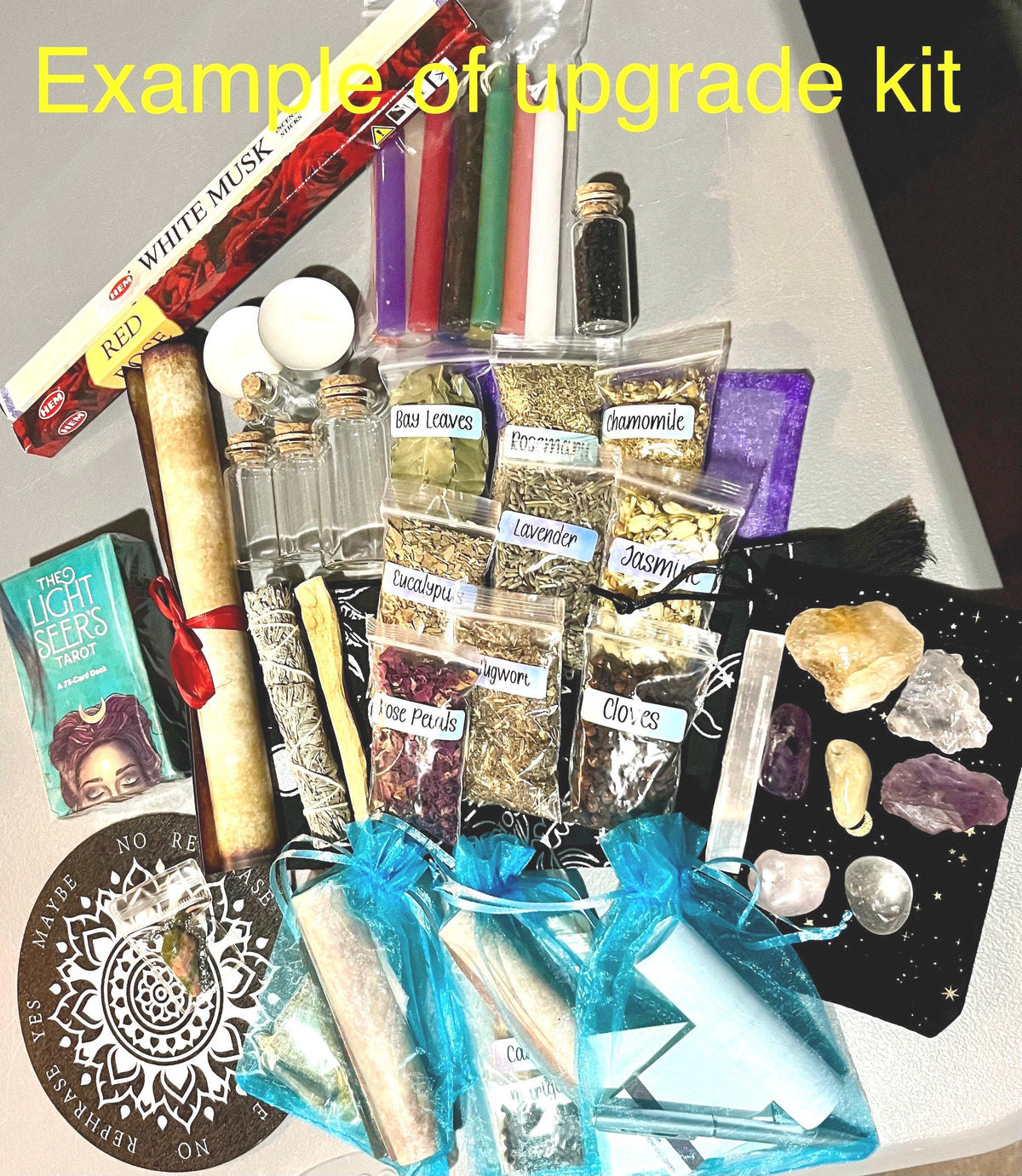 Beginner Altar Kit with crystals, herbs, candles and altar cloth, photo 3 of 9